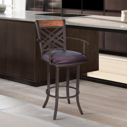 26" Brown Faux Leather And Fabric And Iron Counter Height Bar Chair