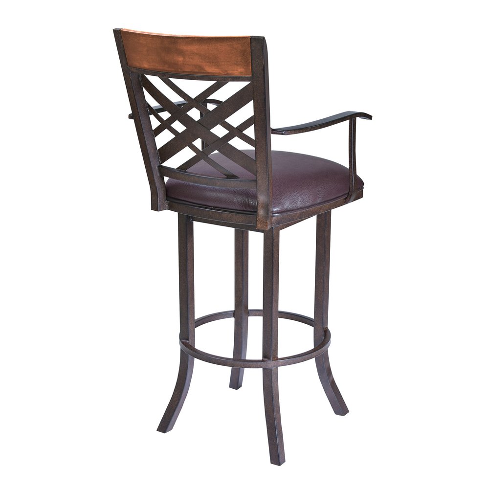 30" Brown Faux Leather And Fabric And Iron Bar Height Bar Chair