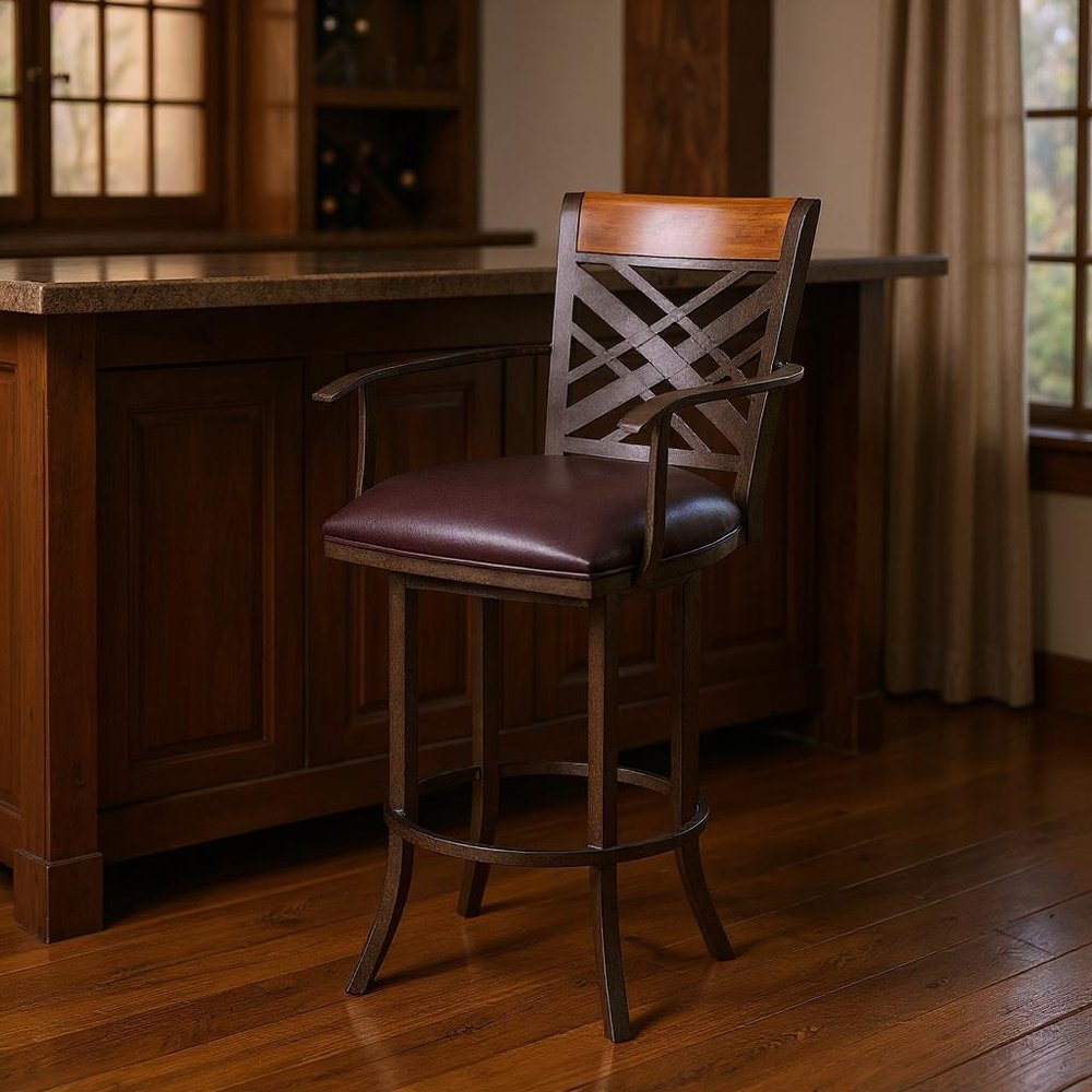 30" Brown Faux Leather And Fabric And Iron Bar Height Bar Chair