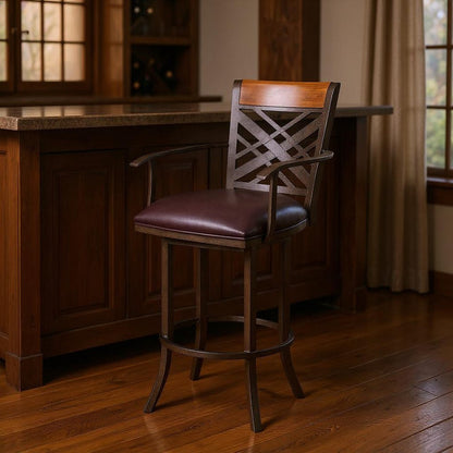30" Brown Faux Leather And Fabric And Iron Bar Height Bar Chair