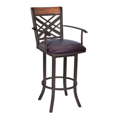 30" Brown Faux Leather And Fabric And Iron Bar Height Bar Chair