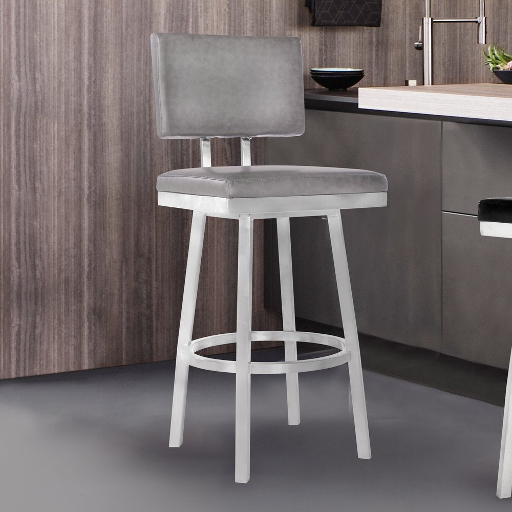 26" Light Gray And Silver Fabric And Iron Counter Height Swivel Bar Chair