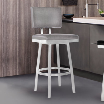 26" Light Gray And Silver Fabric And Iron Counter Height Swivel Bar Chair