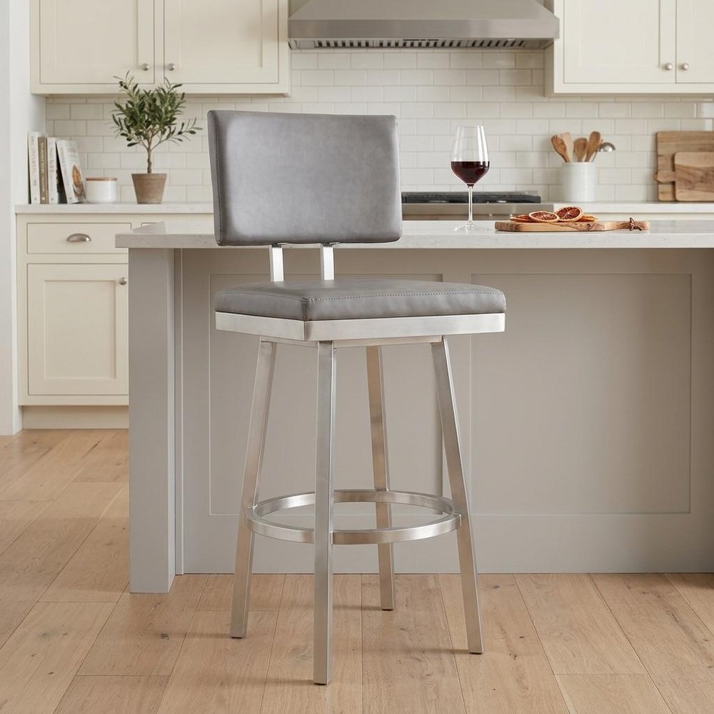 26" Light Gray And Silver Fabric And Iron Counter Height Swivel Bar Chair
