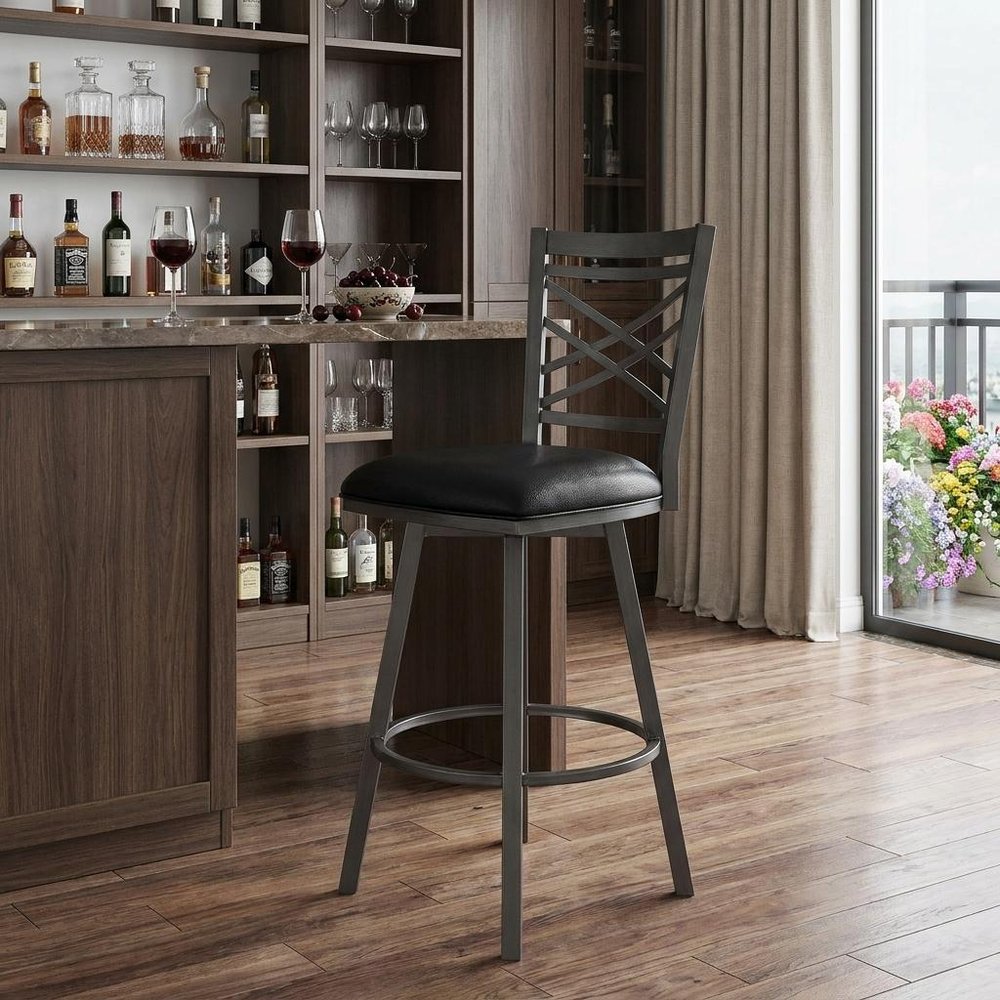 30" Black Faux Leather And Iron Bar Height Swivel Bar Chair