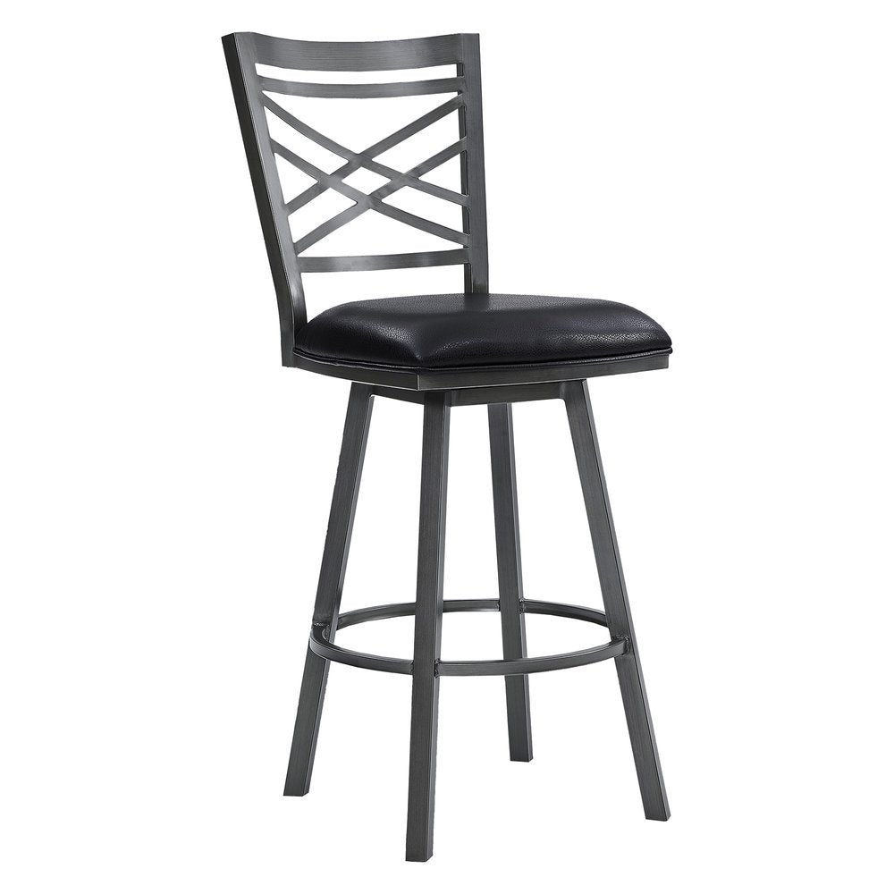 30" Black Faux Leather And Iron Bar Height Swivel Bar Chair