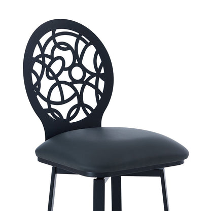 30" Gray And Black Faux Leather And Iron Swivel Bar Height Bar Chair
