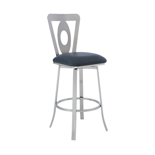30" Gray And Silver Faux Leather And Fabric And Iron Bar Height Swivel Bar Chair