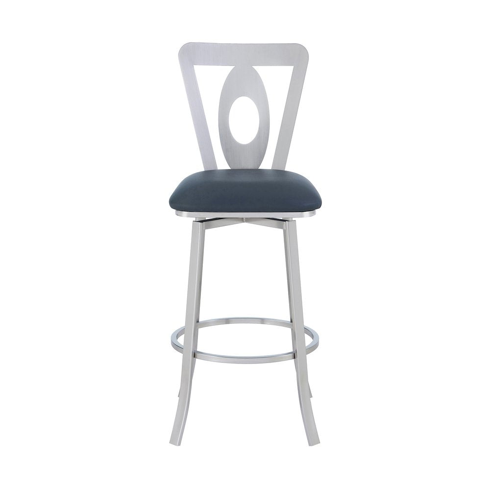 30" Gray And Silver Faux Leather And Fabric And Iron Bar Height Swivel Bar Chair