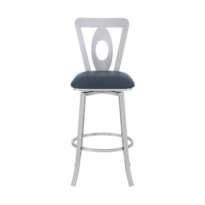 30" Gray And Silver Faux Leather And Fabric And Iron Bar Height Swivel Bar Chair