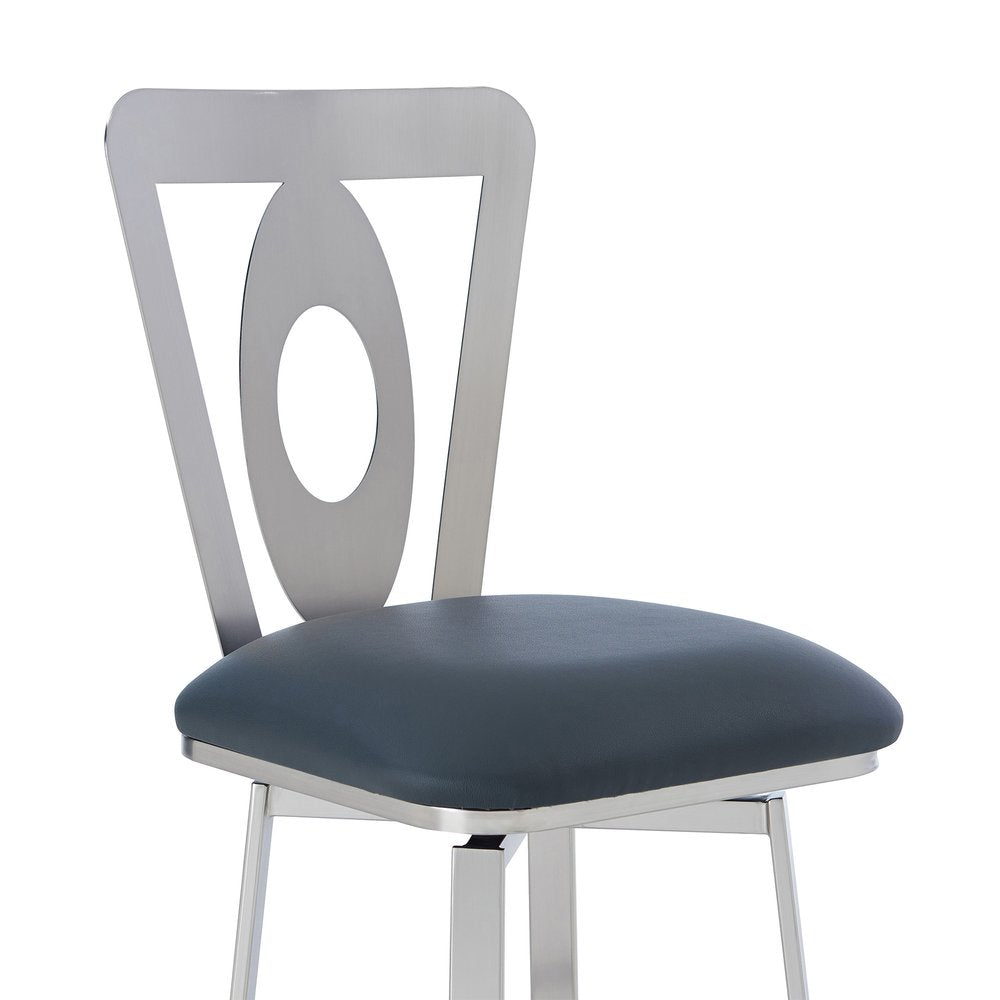 30" Gray And Silver Faux Leather And Fabric And Iron Bar Height Swivel Bar Chair