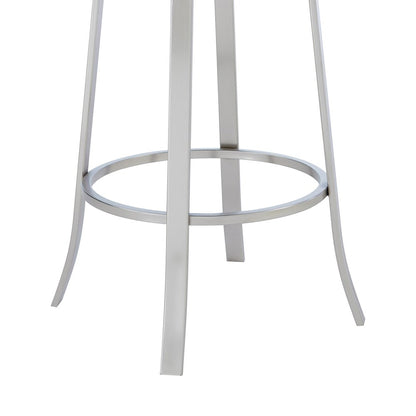 30" Gray And Silver Faux Leather And Fabric And Iron Bar Height Swivel Bar Chair
