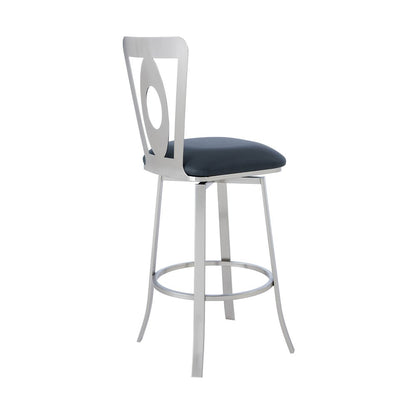 30" Gray And Silver Faux Leather And Fabric And Iron Bar Height Swivel Bar Chair