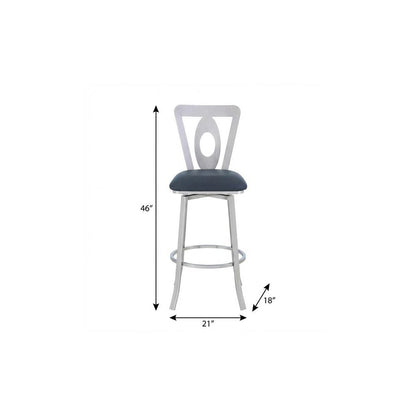 30" Gray And Silver Faux Leather And Iron Swivel Bar Height Bar Chair