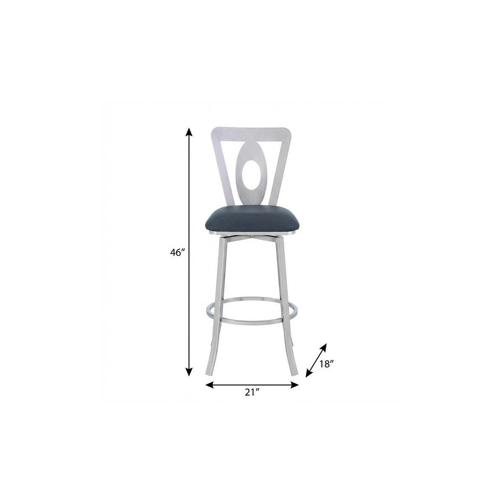 30" Gray And Silver Faux Leather And Fabric And Iron Bar Height Swivel Bar Chair