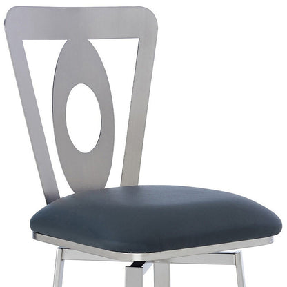 30" Gray And Silver Faux Leather And Fabric And Iron Bar Height Swivel Bar Chair