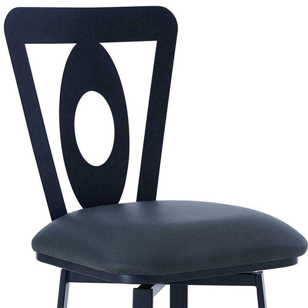 26" Gray And Black Faux Leather And Fabric And Iron Counter Height Swivel Bar Chair