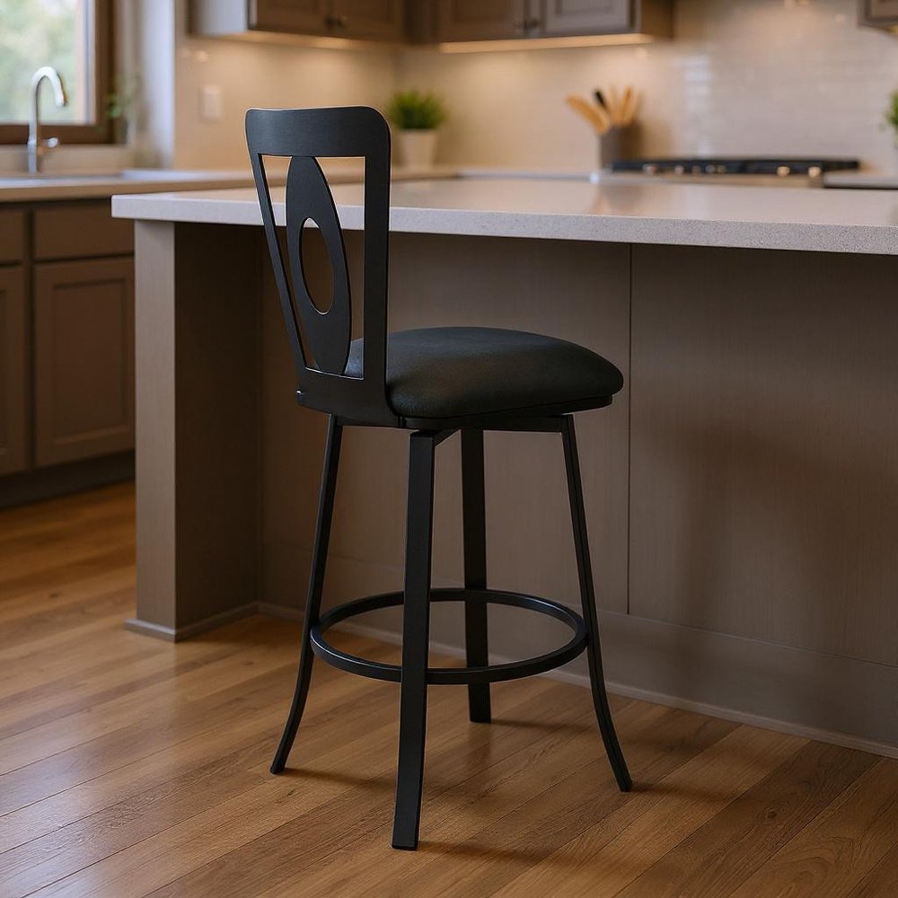 26" Gray And Black Faux Leather And Iron Swivel Counter Height Bar Chair