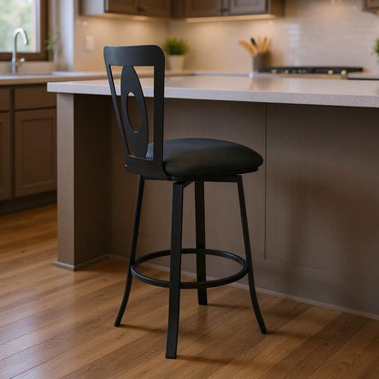 26" Gray And Black Faux Leather And Iron Swivel Counter Height Bar Chair