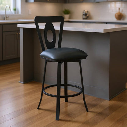 26" Gray And Black Faux Leather And Iron Swivel Counter Height Bar Chair