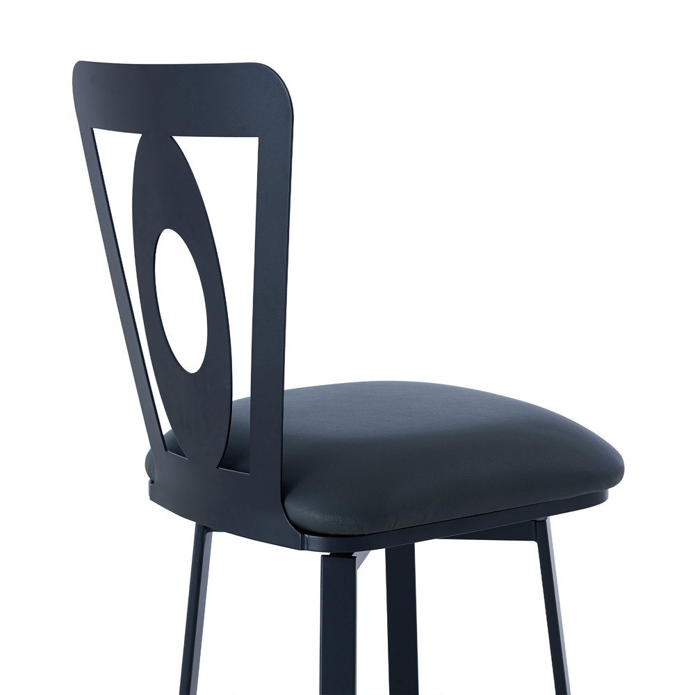 30" Gray And Black Faux Leather And Fabric And Iron Bar Height Swivel Bar Chair