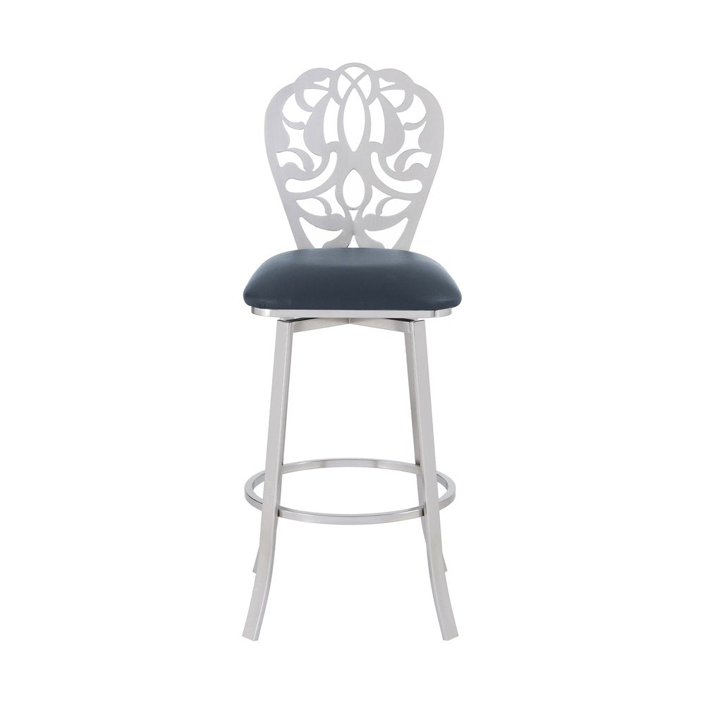 30" Gray And Silver Fabric And Iron Bar Height Swivel Bar Chair