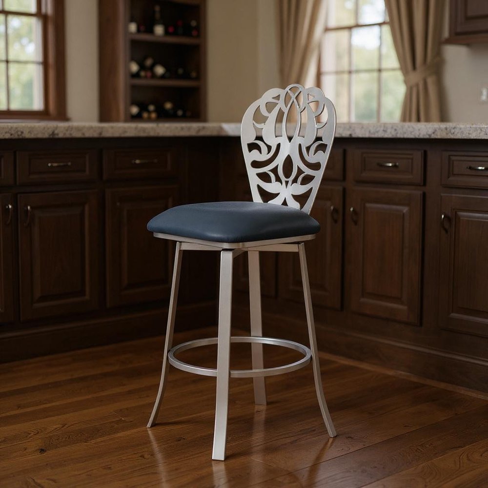 30" Gray And Silver Fabric And Iron Bar Height Swivel Bar Chair