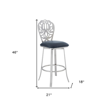 30" Gray And Silver Fabric And Iron Bar Height Swivel Bar Chair