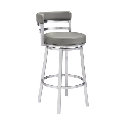 30" Gray And Silver Faux Leather And Faux Leather And Iron Low Back Bar Height Swivel Bar Chair