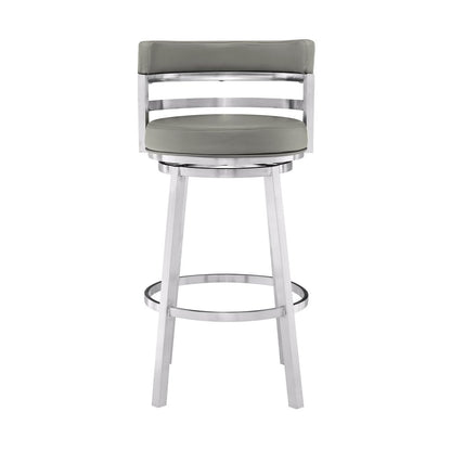 30" Gray And Silver Faux Leather And Faux Leather And Iron Low Back Bar Height Swivel Bar Chair