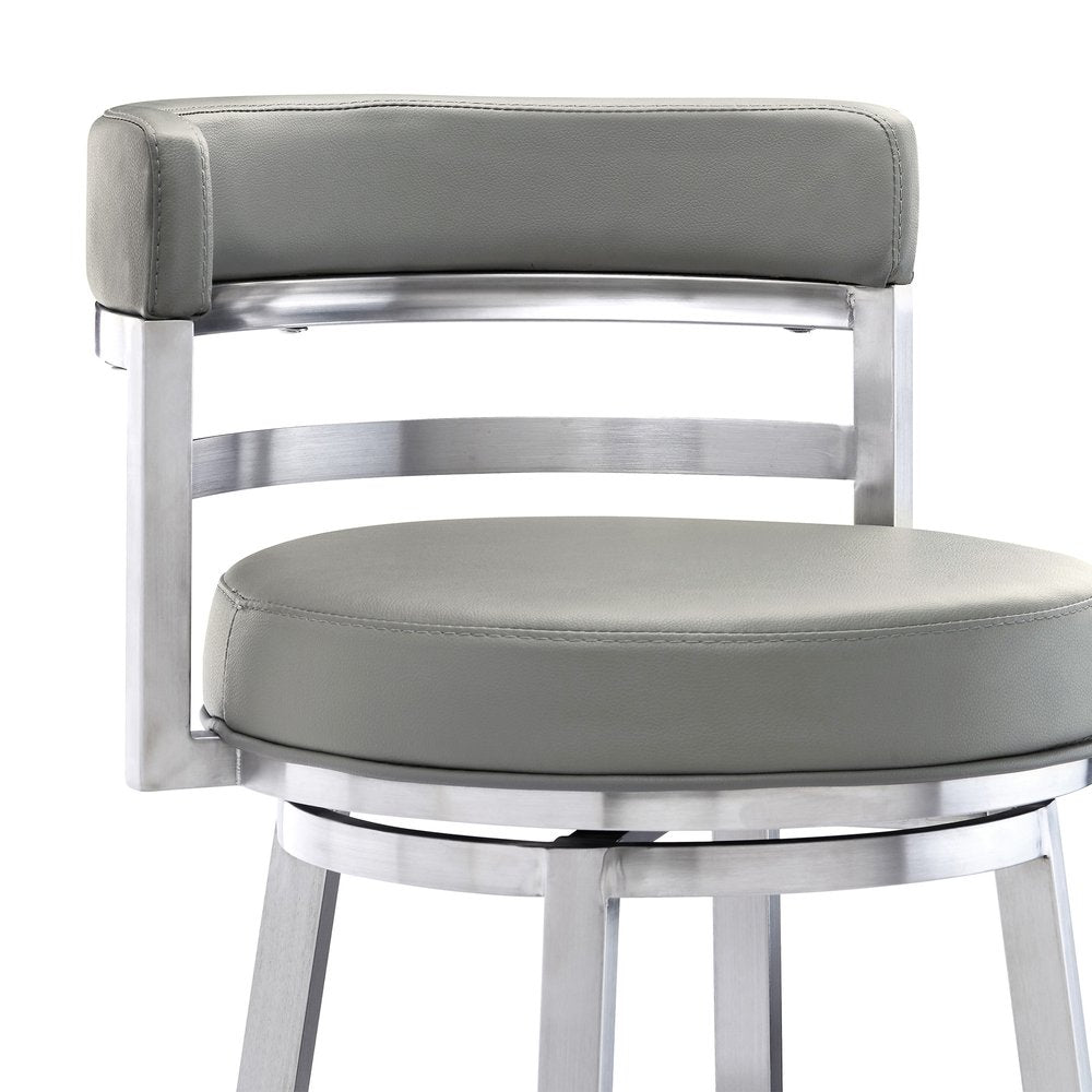 30" Gray And Silver Faux Leather And Faux Leather And Iron Low Back Bar Height Swivel Bar Chair