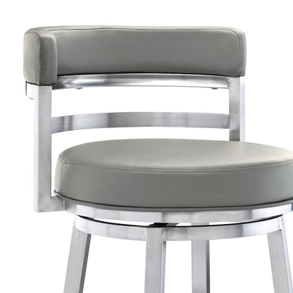 30" Gray And Silver Faux Leather And Faux Leather And Iron Low Back Bar Height Swivel Bar Chair