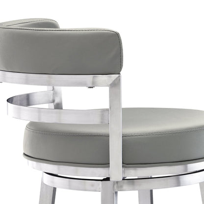 30" Gray And Silver Faux Leather And Faux Leather And Iron Low Back Bar Height Swivel Bar Chair