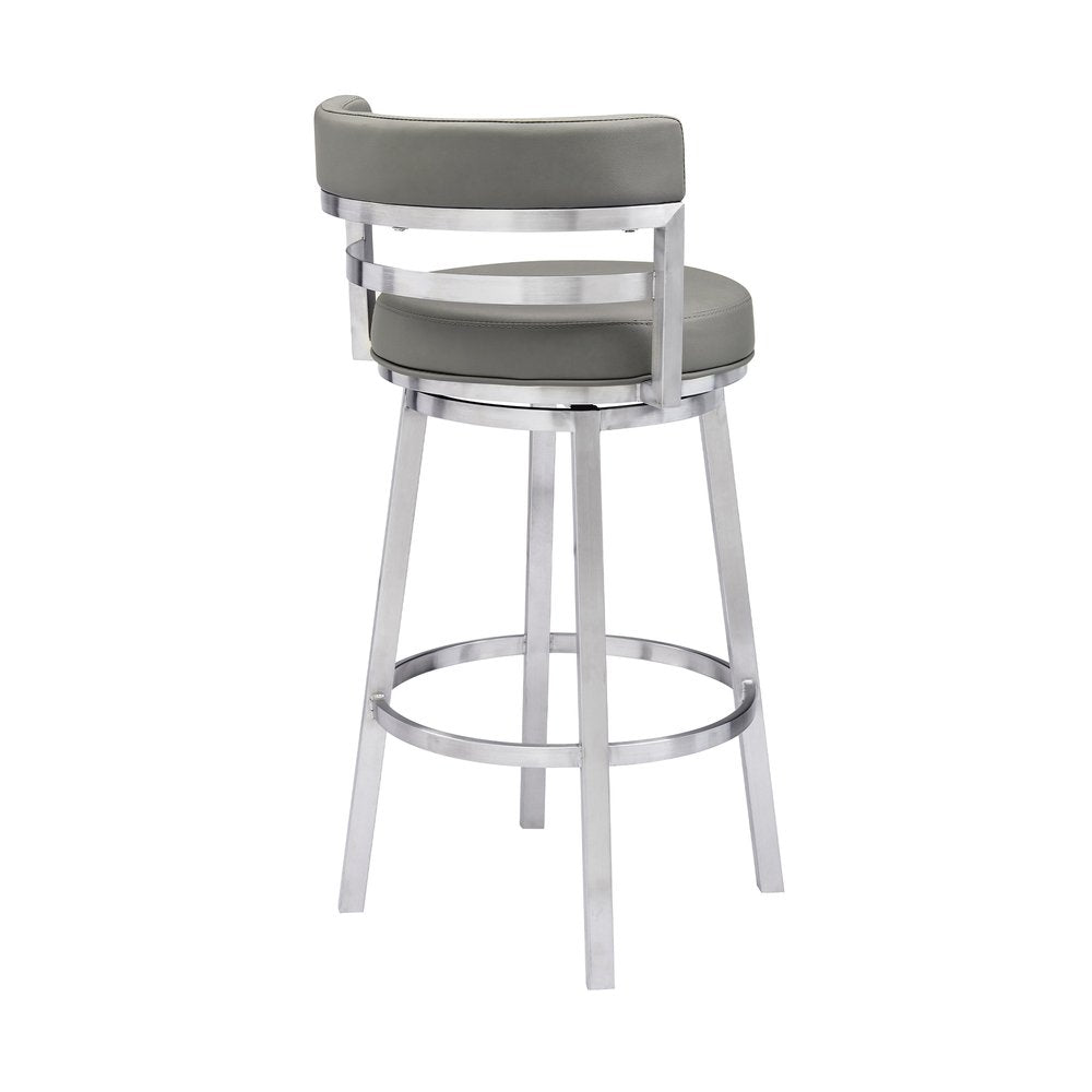 30" Gray And Silver Faux Leather And Faux Leather And Iron Low Back Bar Height Swivel Bar Chair