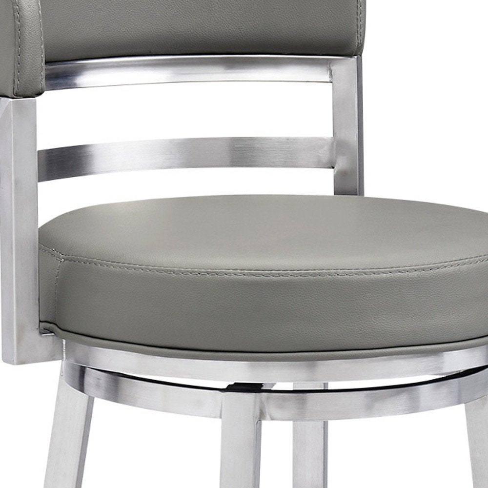 30" Gray And Silver Faux Leather And Faux Leather And Iron Low Back Bar Height Swivel Bar Chair