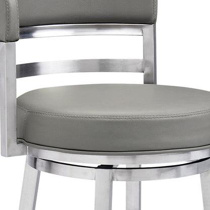 30" Gray And Silver Faux Leather And Faux Leather And Iron Low Back Bar Height Swivel Bar Chair