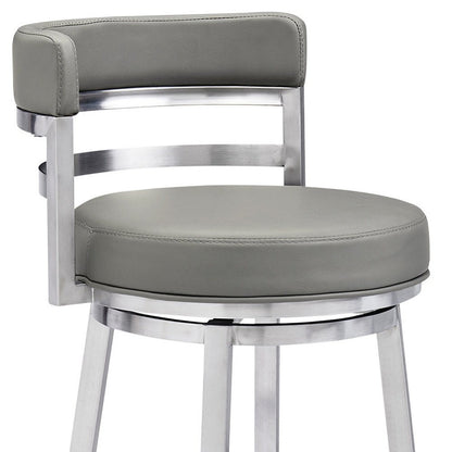 30" Gray And Silver Faux Leather And Faux Leather And Iron Low Back Bar Height Swivel Bar Chair