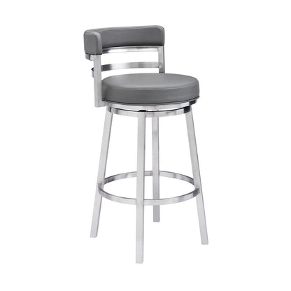 26" Gray And Silver Faux Leather And Faux Leather And Iron Low Back Counter Height Swivel Bar Chair