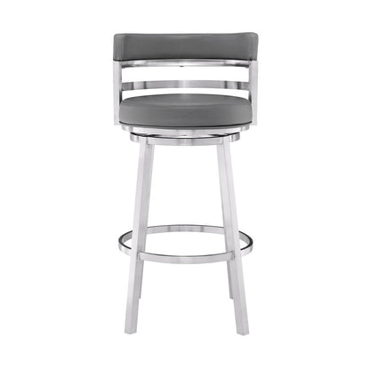 26" Gray And Silver Faux Leather And Faux Leather And Iron Low Back Counter Height Swivel Bar Chair