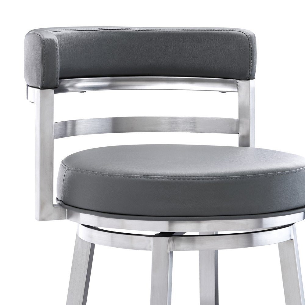 26" Gray And Silver Faux Leather And Faux Leather And Iron Low Back Counter Height Swivel Bar Chair