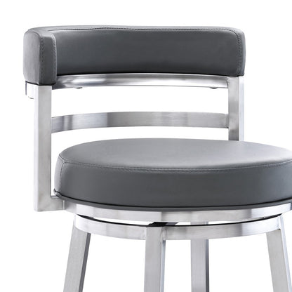 26" Gray And Silver Faux Leather And Faux Leather And Iron Low Back Counter Height Swivel Bar Chair