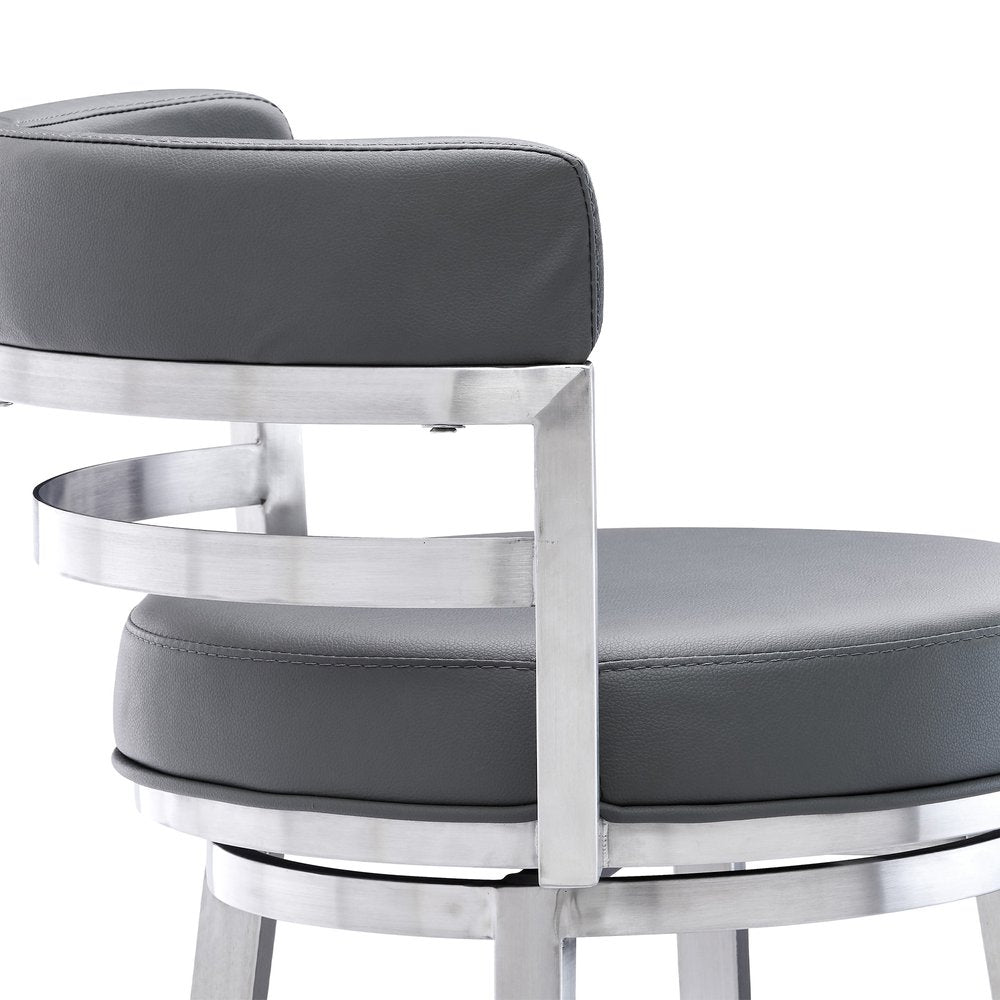 26" Gray And Silver Faux Leather And Faux Leather And Iron Low Back Counter Height Swivel Bar Chair