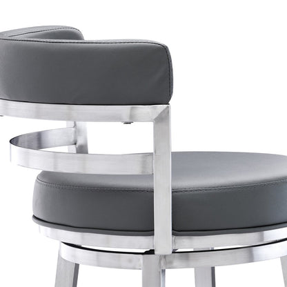 26" Gray And Silver Faux Leather And Faux Leather And Iron Low Back Counter Height Swivel Bar Chair