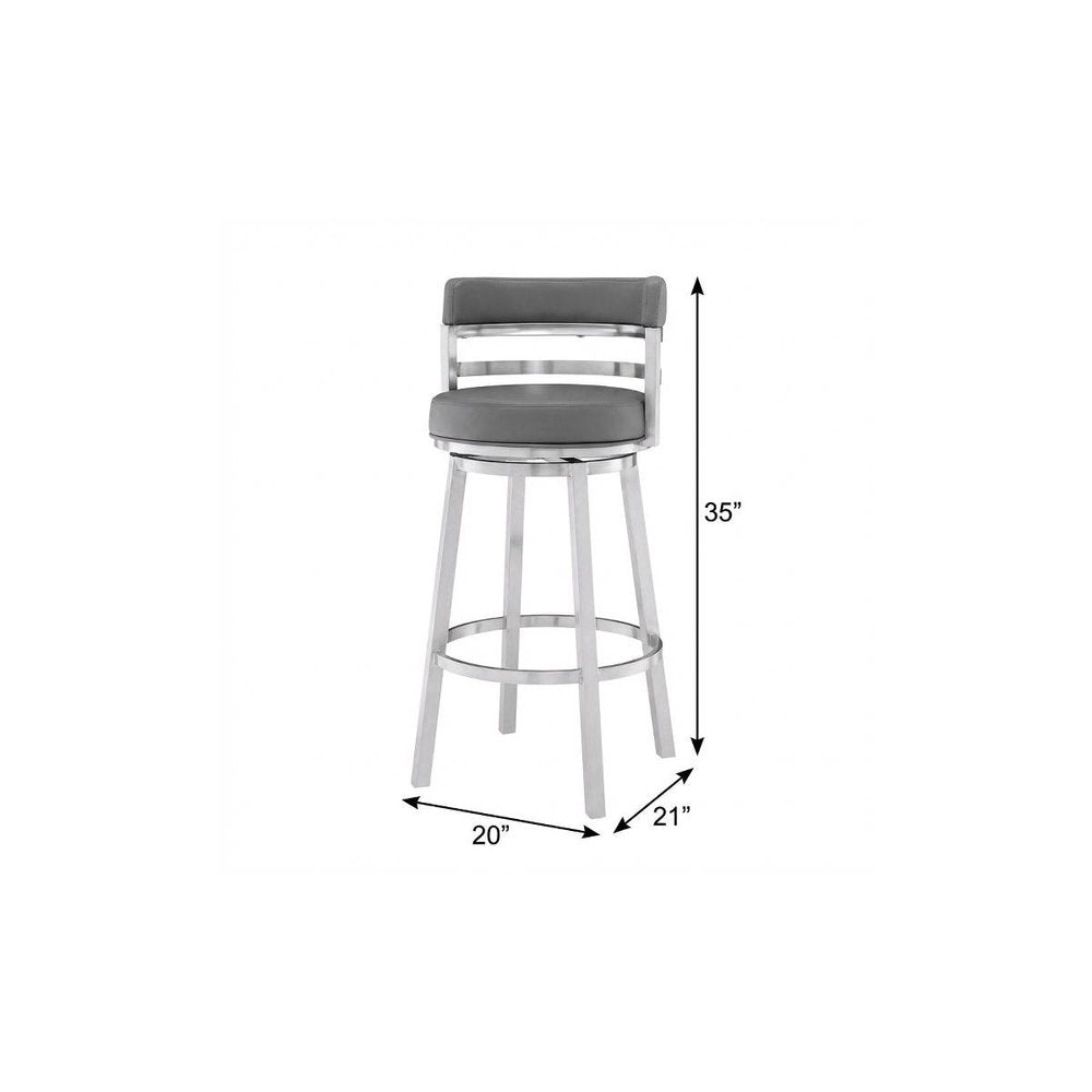 26" Gray And Silver Faux Leather And Faux Leather And Iron Low Back Counter Height Swivel Bar Chair