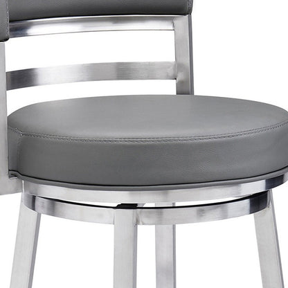 26" Gray And Silver Faux Leather And Faux Leather And Iron Low Back Counter Height Swivel Bar Chair