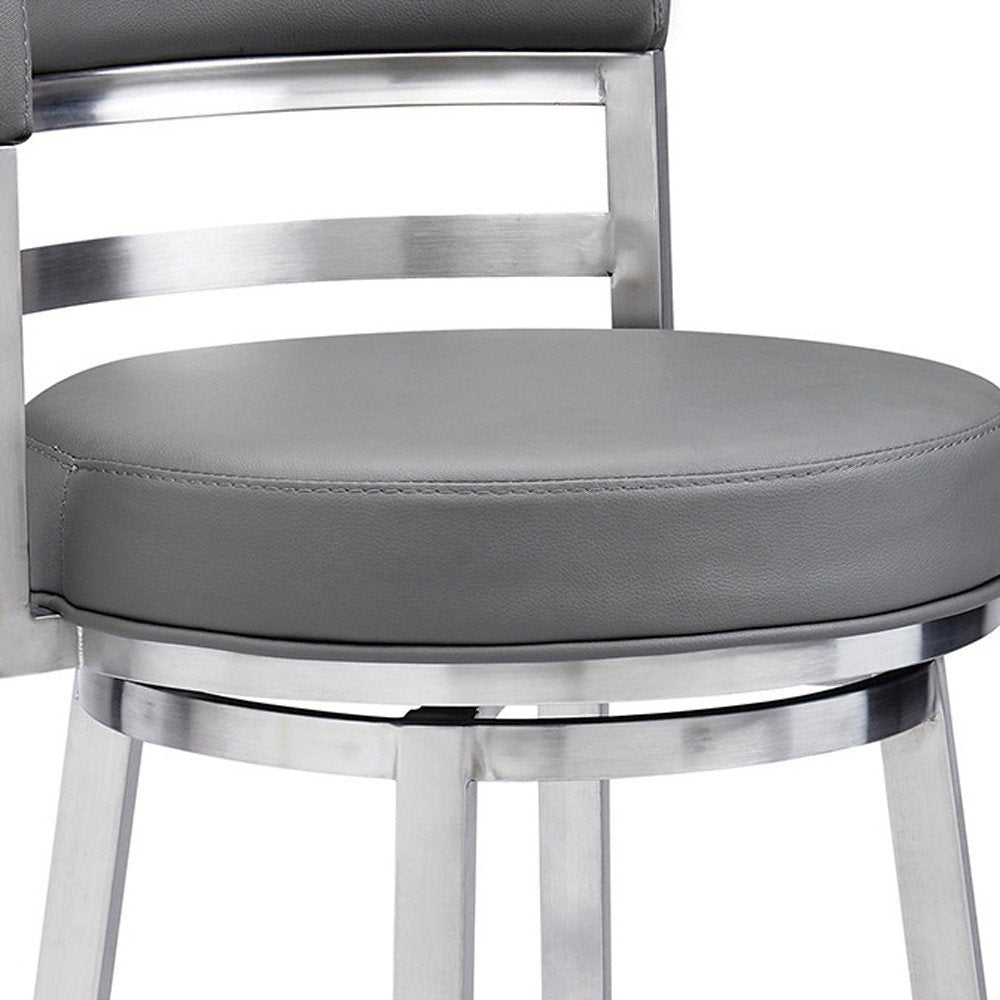 26" Gray And Silver Faux Leather And Faux Leather And Iron Low Back Counter Height Swivel Bar Chair