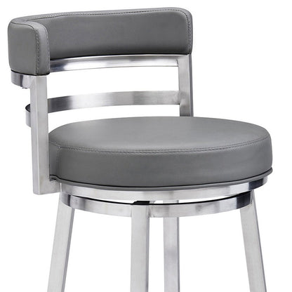26" Gray And Silver Faux Leather And Faux Leather And Iron Low Back Counter Height Swivel Bar Chair