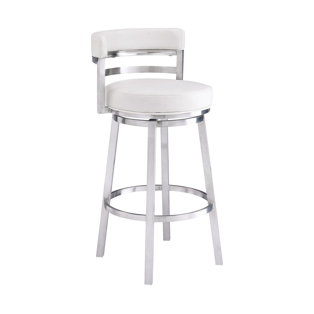 30" White And Silver Faux Leather And Faux Leather And Iron Low Back Bar Height Swivel Bar Chair