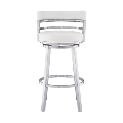 30" White and Silver Faux Leather and Iron Low Back Bar Height Swivel Bar Chair