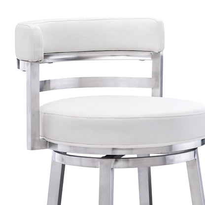 30" White And Silver Faux Leather And Faux Leather And Iron Low Back Bar Height Swivel Bar Chair